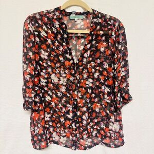 PLEIONE Anthropology Long Sleeve‎ Blouse Women Large Orange White V-Neck Sheer